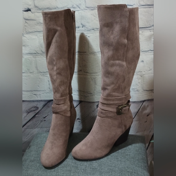 BellaVita Tall Harness Buckle Fashion BlockHeel Boots Taupe Suede - Picture 1 of 14